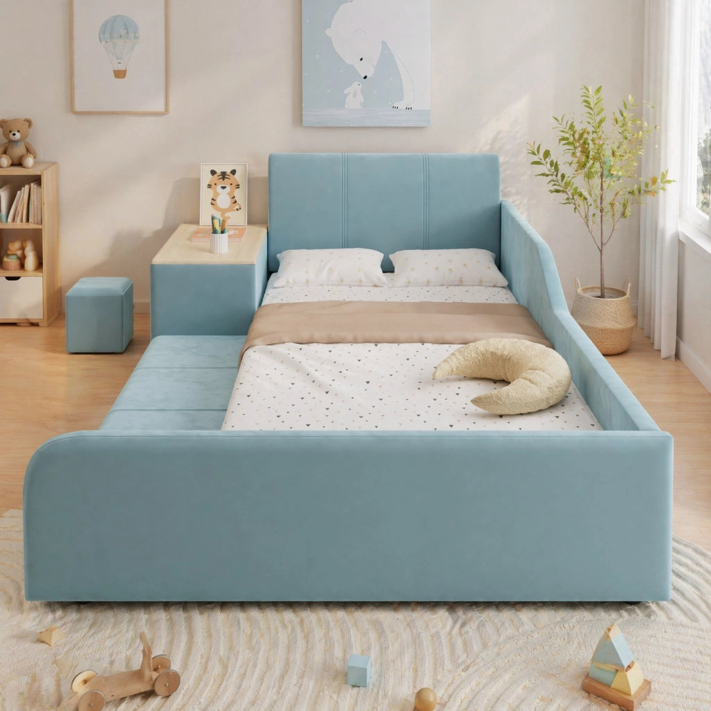 LETTO Singolo imbottito 90x200 cm con scrivania e sgabello in velluto blu
