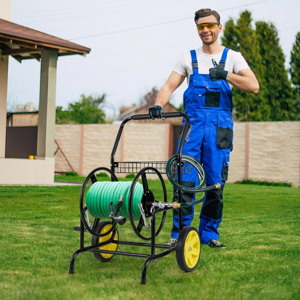 Carrello avvolgitubo da giardino con 2 ruote e cestino portaoggetti, Carrello tubo da giardino per esterni e giardino Nero-Attrezzi da giardino