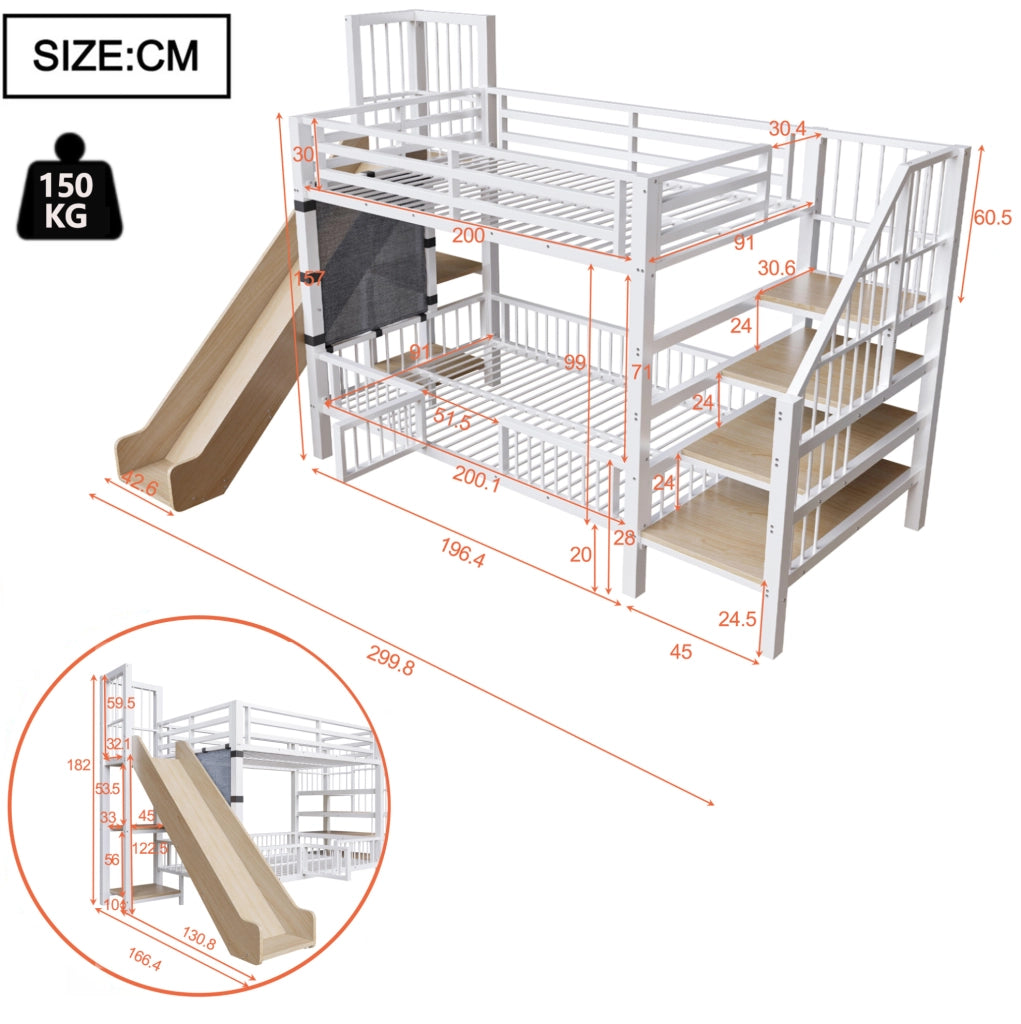 Letto a soppalco per bambini 90x200 cm in metallo bianco con scivolo; scala con contenitore e ripiani