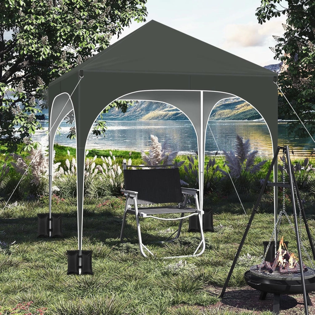 Gazebo da Giardino Richiudibile 2x2m con Pannelli Laterali,Gazebo da Esterno in Ferro Regolabile in Altezza Tendone con Soffitto Semicircolare Pieghevole,Set di 4 Sacchi di Sabbia,Grigio