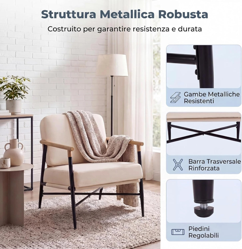 Poltrona Salotto Imbottita, Sedia da Lettura, Relax, Poltroncina con Braccioli, Schienale e Cuscini, per Soggiorno, Camera da Letto, Sala Attesa, Moderno e Comodo, 67 X 73 X 88 CM (Beige)