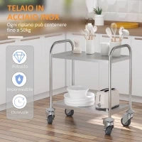 Carrello Cucina 2 Ripiani, Carrello con Ruote Portatutto, Carrello Portavivande in Acciaio Inox, 80x45x82cm, Argento