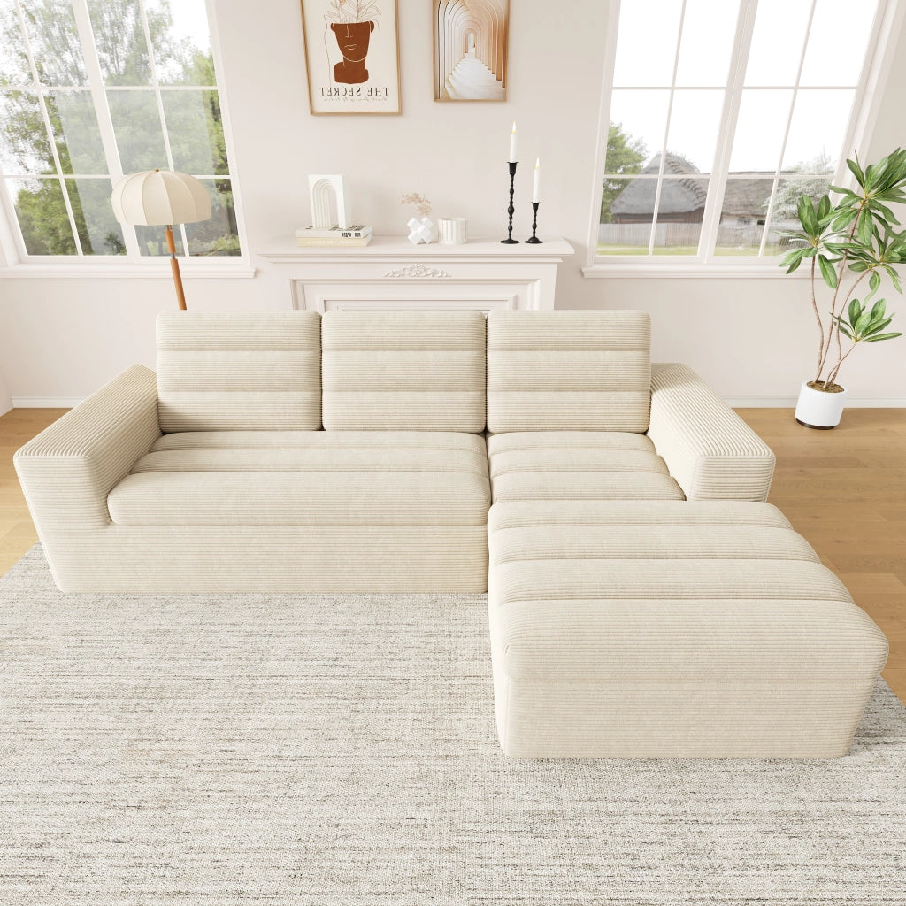 DIVANO Modulare angolare 253x161x89 cm tessuto a coste beige con pouf