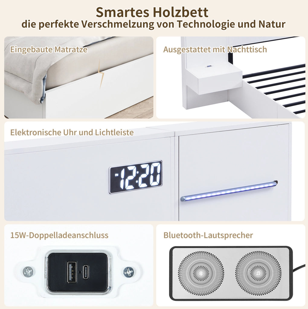 Letto matrimoniale 180x200 cm bianco con USB, Bluetooth e LED
