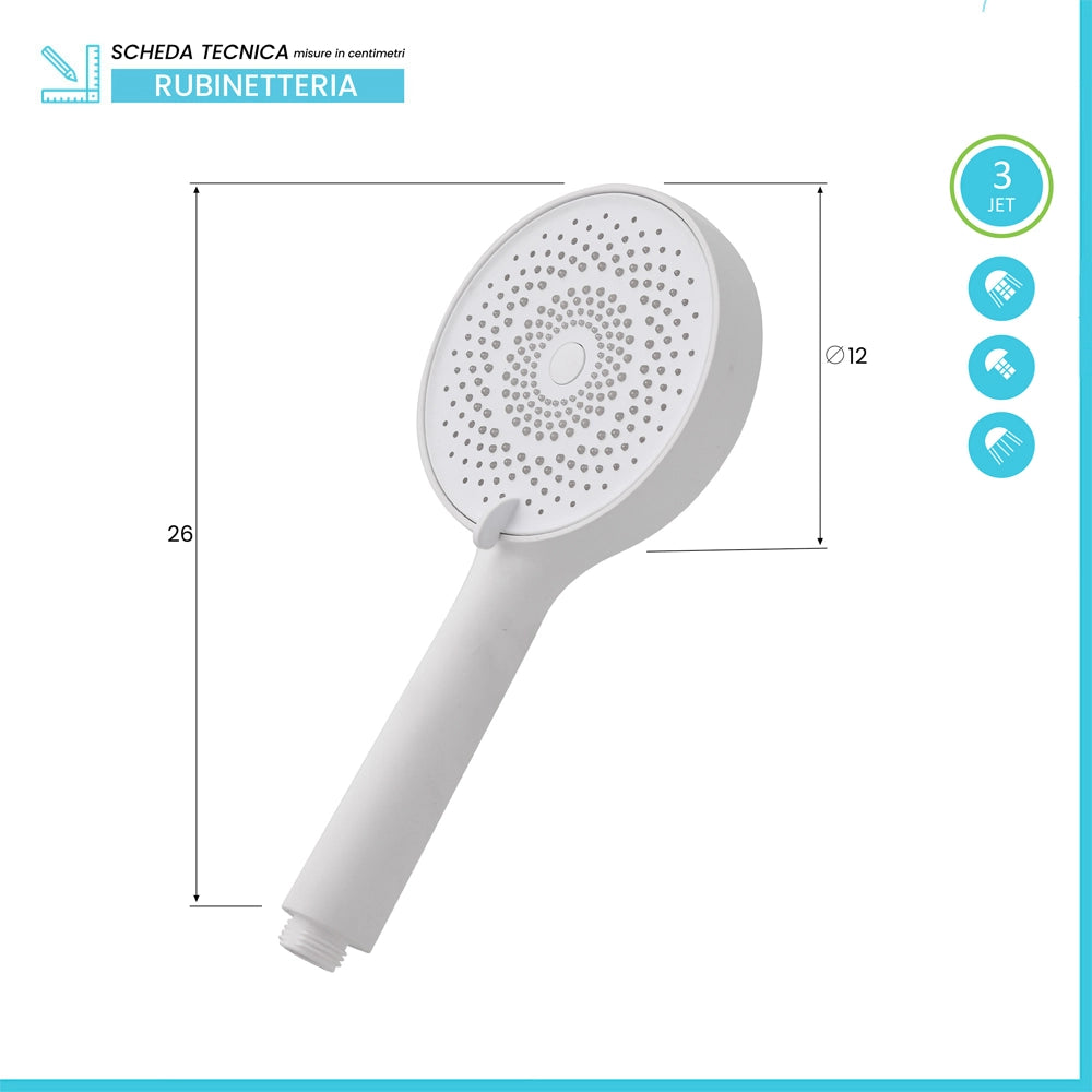 Doccetta tonda moderna 26cm bianco opaco a tre getti in ABS anticalcare Hidra