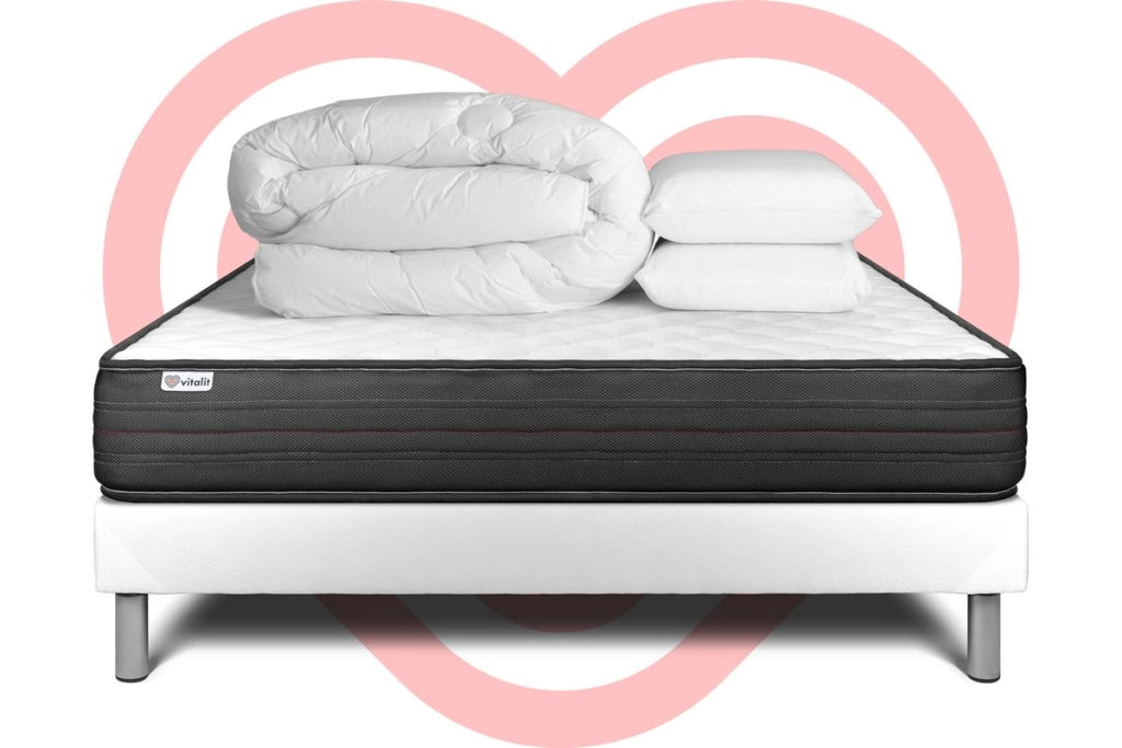 Pacchetto letto completo - Materasso 160x200cm + Box spring con doghe (in kit) + 2 cuscini + Piumino - Vitalpower