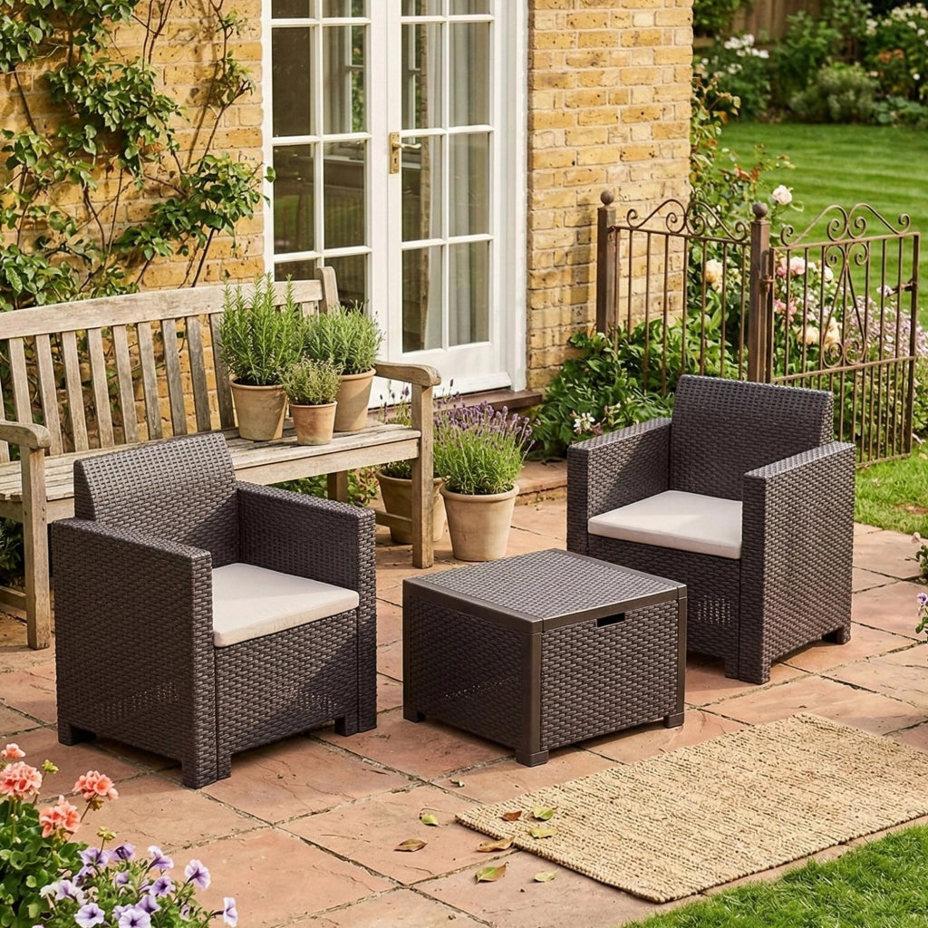 Salottino da esterno Apis, Set da giardino con cuscini, Salottino  effetto rattan, 100% Made in Italy, Marrone