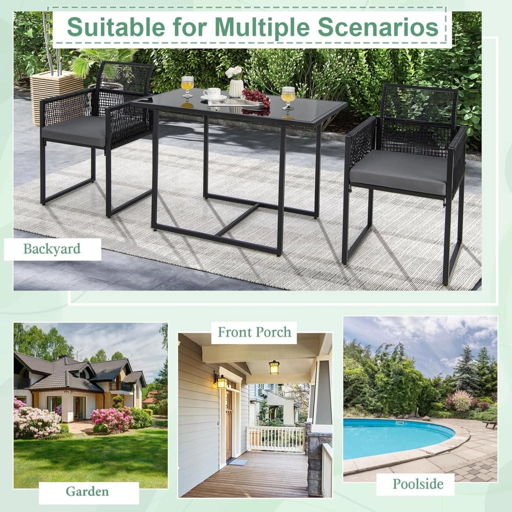 Set di mobili da 3 pezzi, set da tavolo e 2 sedie in rattan PE, set da pranzo con sedie pieghevoli, cuscini estraibili, tavolo in vetro, per giardino, patio, terreza