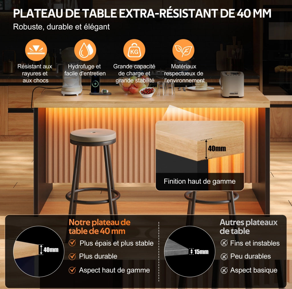 Isola da cucina 155x80x90 cm in MDF; nero e naturale; LED; prese EU; USB