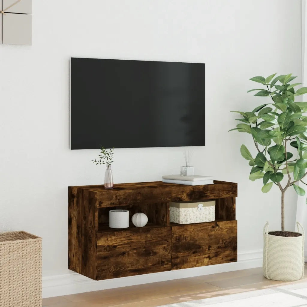 Mobile TV a Parete con Luci LED Rovere Fumo 80x30x40 cm 837205