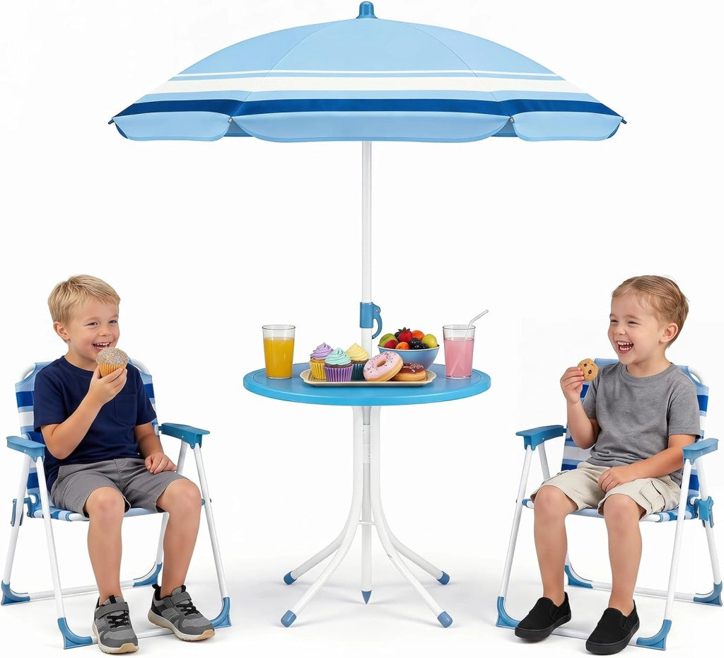 Set Tavolo e Sedie da Giardino per Bambini con Ombrellone (Blu) | Set da Esterno per Bambini 4 Pezzi con Tavolino Rotondo, 2 Sedie Pieghevoli e Ombrellone Regolabile in Altezza per Campeggio