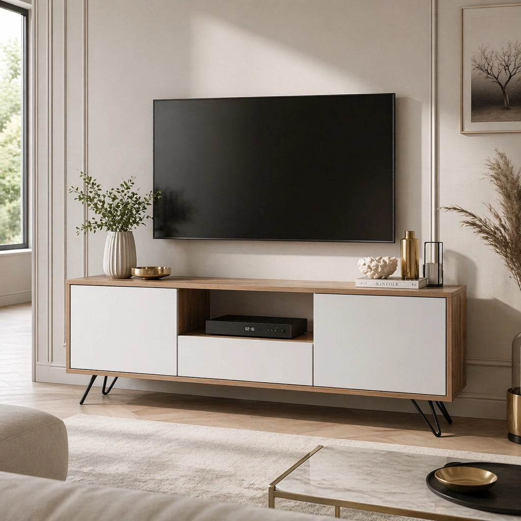 Mobile TV Con 2 Ante Battenti Anta A Ribalta E Vano A Giorno Mobiletto Design Minimal Moderno Per Soggiorno Salotto Zona Living Sala Da Pranzo 137 X 52 X 33 Cm Rovere E Bianco