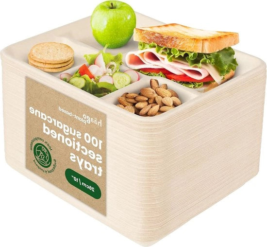 Piatti a base di bagasse di canna da zucchero quadrati da utilizzo e gettata con 5 compartimenti (26cm) - Biodegradabili e compostabili - Sostenibilità e facilità d'uso