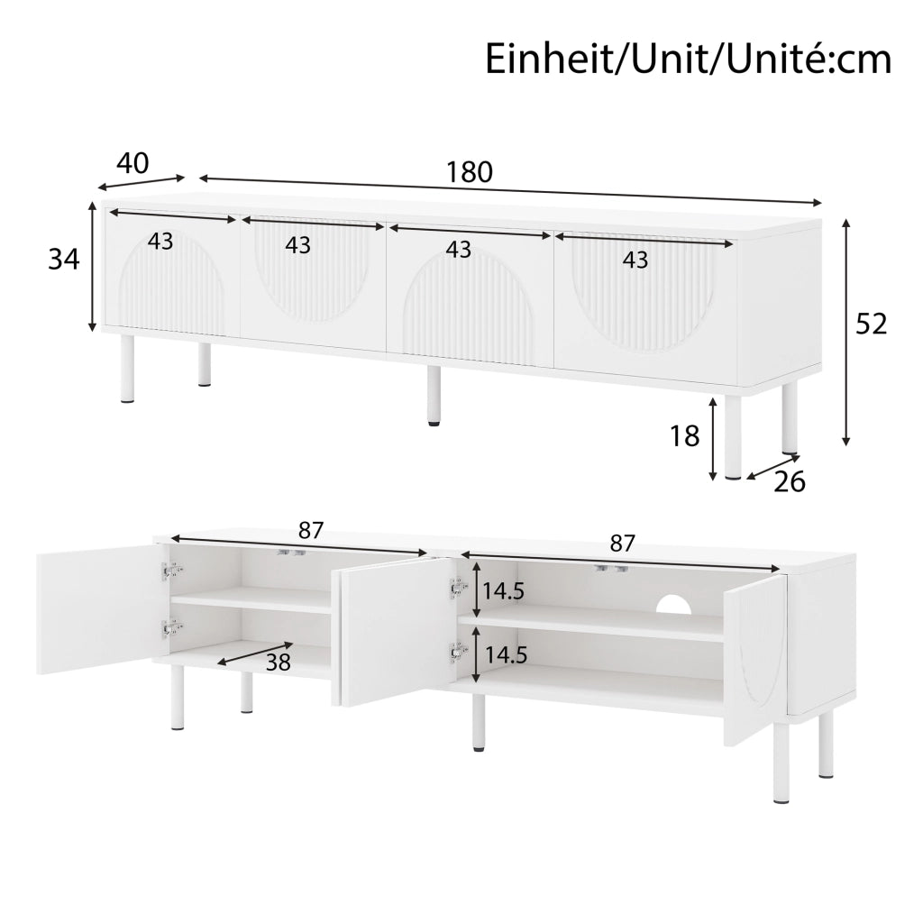 Mobile TV con 4 vani e passacavi; per soggiorno; in MDF e truciolare; bianco; 180x40x52 cm
