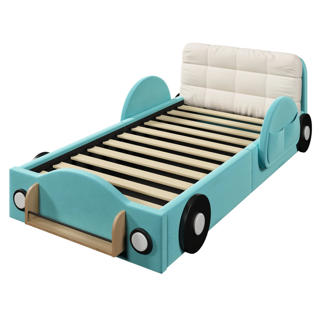 Letto imbottito 90x200 cm con contenitore idraulico in flanella blu e cuscino