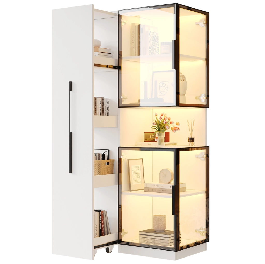 Vetrina 70x38x160 cm in MDF e vetro bianco con LED e vani laterali