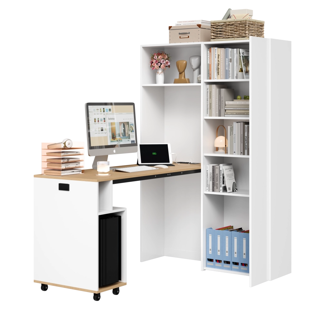 Scrivania pieghevole 2 in 1 con libreria, presa EU e USB, ripiani regolabili, anti-ribaltamento, bianco rovere