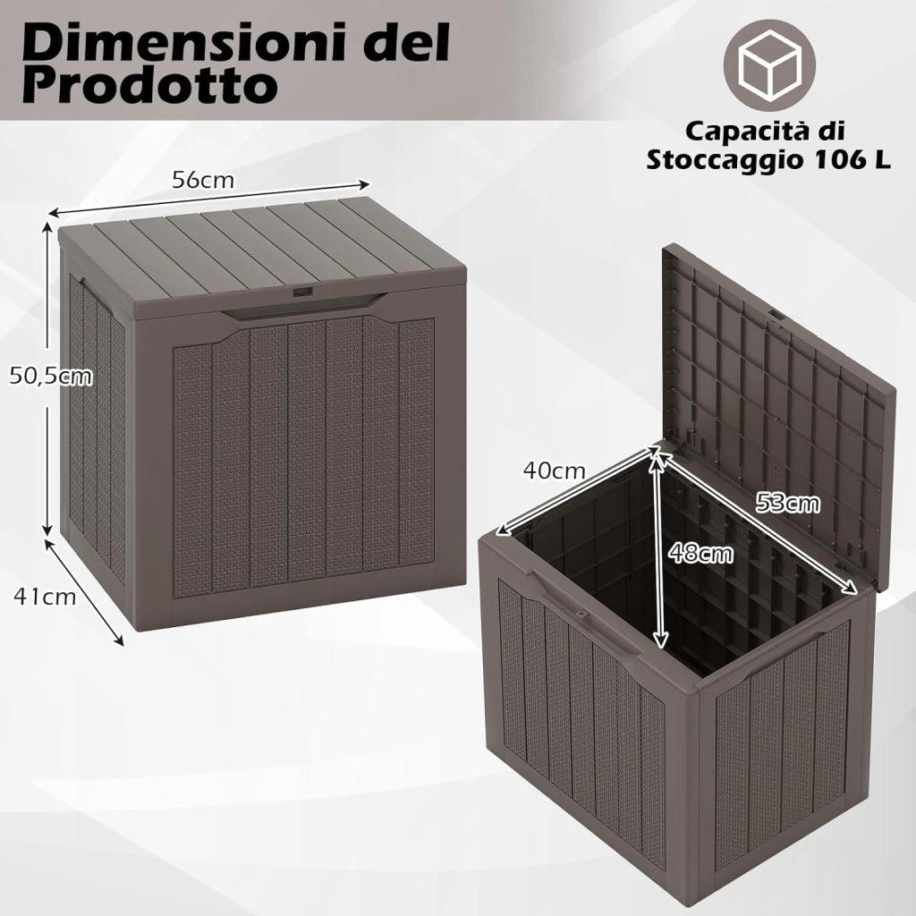 Baule da Esterno 106 L, Cassapanca Contenitore Impermeabile con Coperchio Bloccabile e Maniglie Laterali, per Giardino, Terrazzo e Cortile, 56 x 41 x 50,5 cm (Marrone)