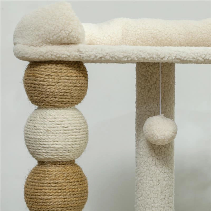 TORRE PER GATTI CON LETTINO PIATTAFORMA E PALLINA GIOCATTOLO IN LEGNO PELUCHE E IUTA 48.5X40X76 CM BEIGE