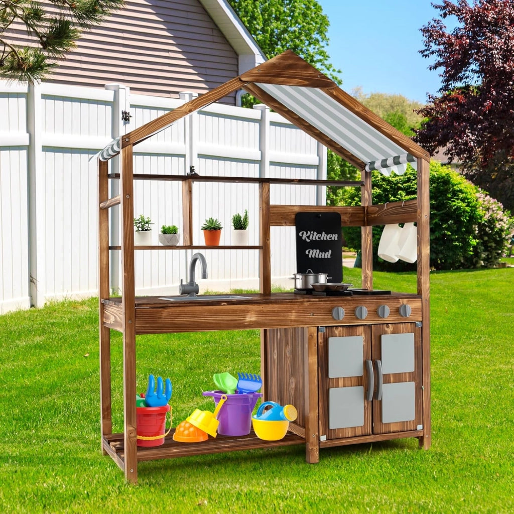 Set da Cucina per Bambini, Cucina da Giardino con Tettoia, Rubinetto Girevole e Lavello Rimovibile, Fornelli e Manopole Realistici, Lavagna, per Bambini 3-7 Anni