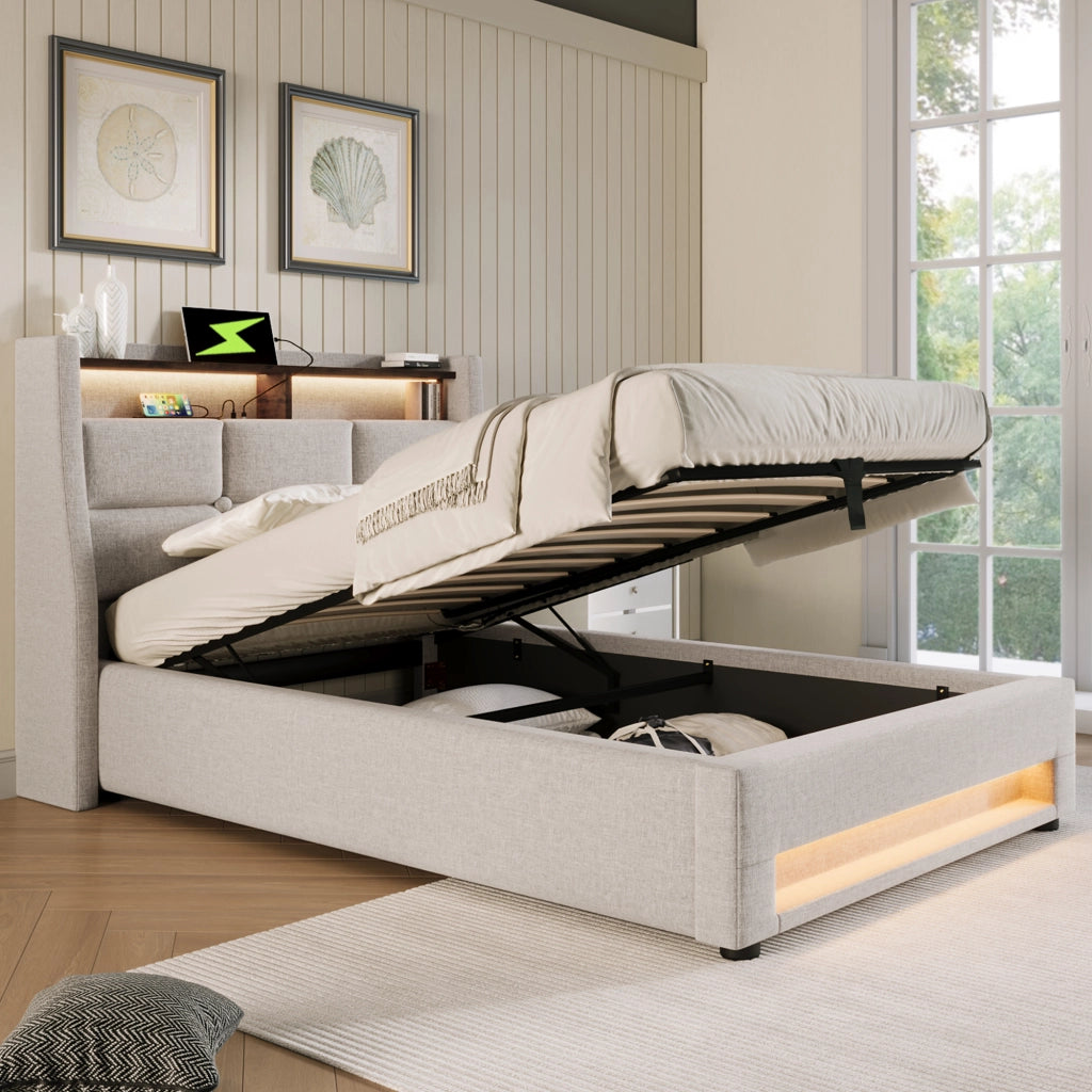 LETTO imbottito 90x200 cm in lino beige con USB e LED