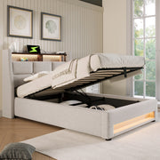 LETTO imbottito 90x200 cm in lino beige con USB e LED