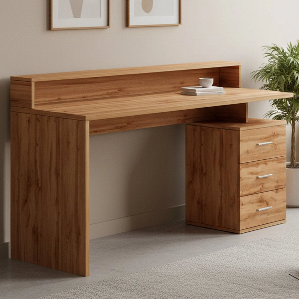 Scrivania Flaminia, Scrittoio con sopralzo, Scrivania ufficio multiuso, Scrivania salvaspazio multi posizione, 160x60h90 cm, Rovere