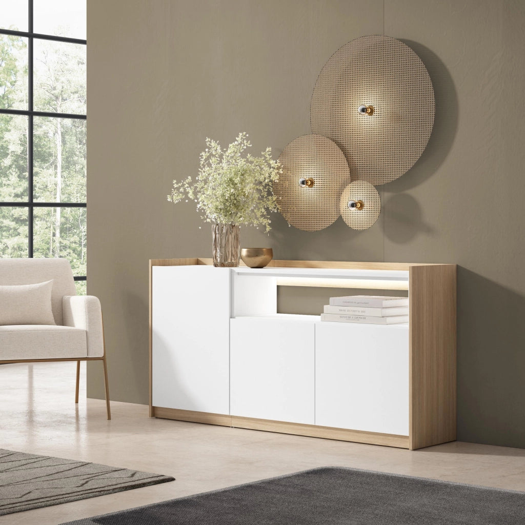Credenza, Mobile, Cucina, 156x80x37 cm, 3 Porte, LED, Bianco e Rovere soft