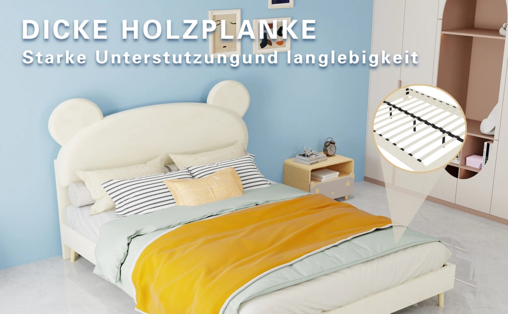 DESMIU Letto per bambini 140 × 200 cm con testiera orso, in tessuto e metallo, materasso incluso, beige