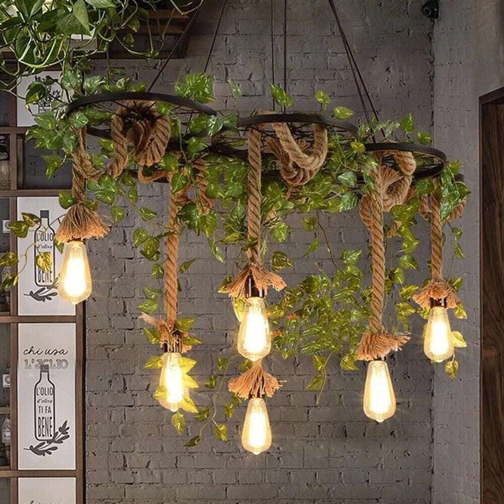 Lampadario a sospensione soffitto stile rustico country 6 corde canapa e Ferro