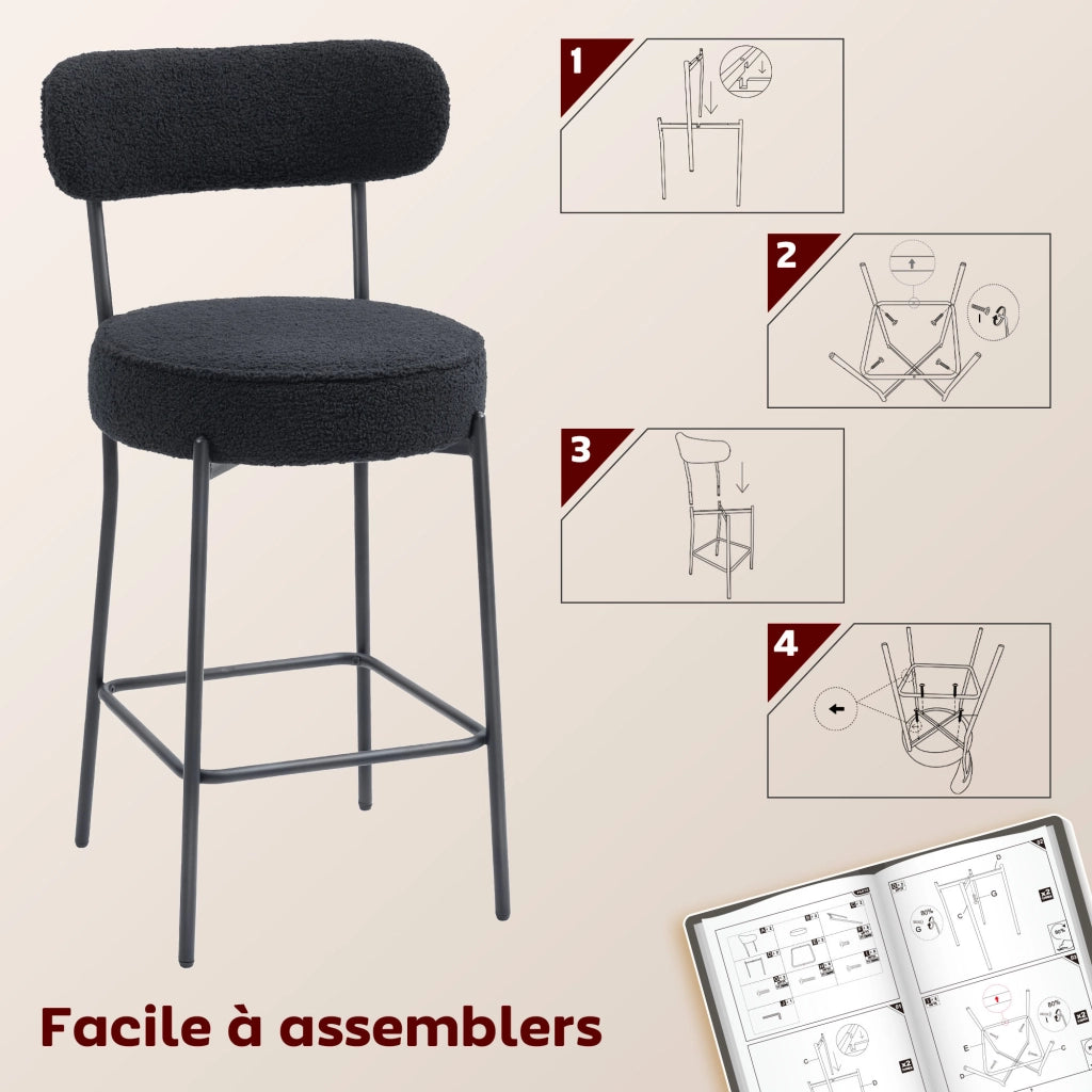 Sgabelli da Bar con Schienale ¨C zephmum ¨C Tessuto Bouclette, Nero, 49x52x95 cm