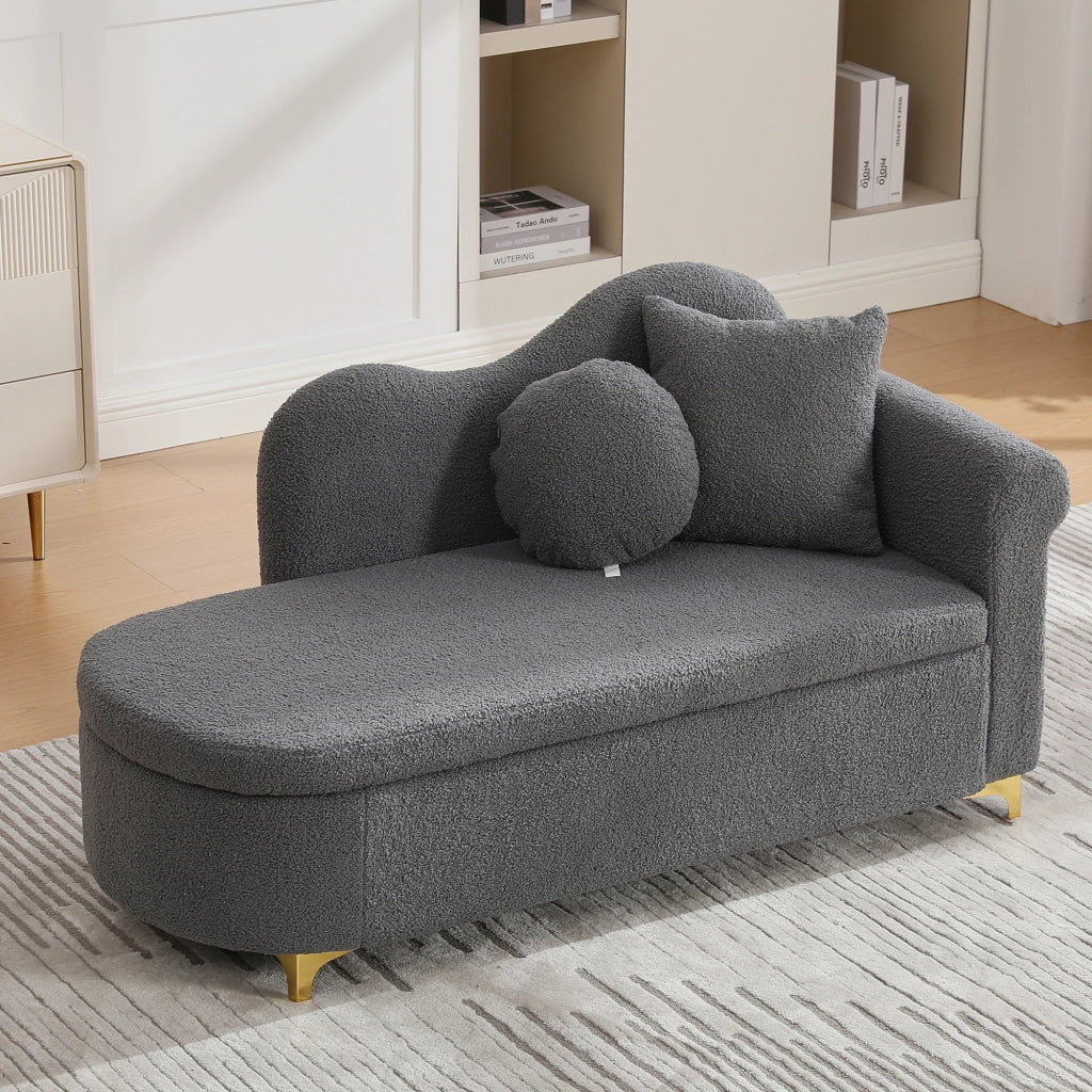 Chaise longue con vano contenitore e cuscini, tessuto effetto lana d'agnello Grigio Antico 134 × 64 × 70 cm