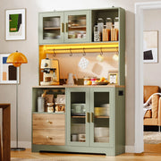 Credenza cucina con LED RGB; prese USB; ante in vetro temperato e ripiani regolabili; verde antico