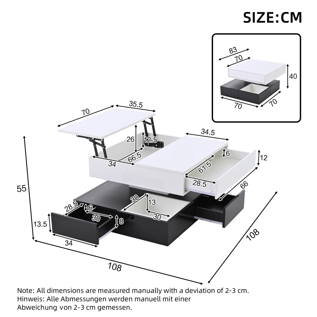 TAVOLO DA SALOTTO 70x70x40/55 cm Bianco Nero girevole 360° con 3 cassetti