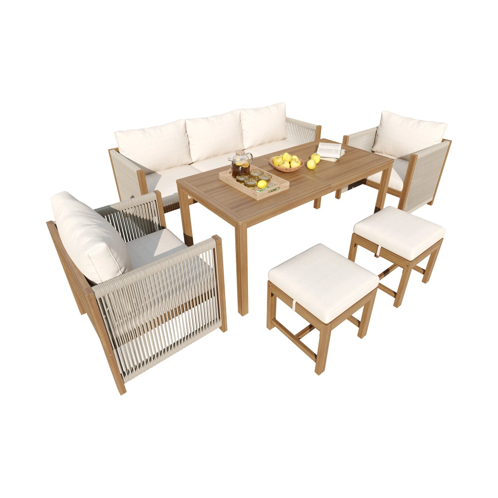 Set pranzo + salotto giardino 6 pezzi: Divanooo 3 posti + 2 poltrone + 2 sgabelli + tavolo; acacia; beige