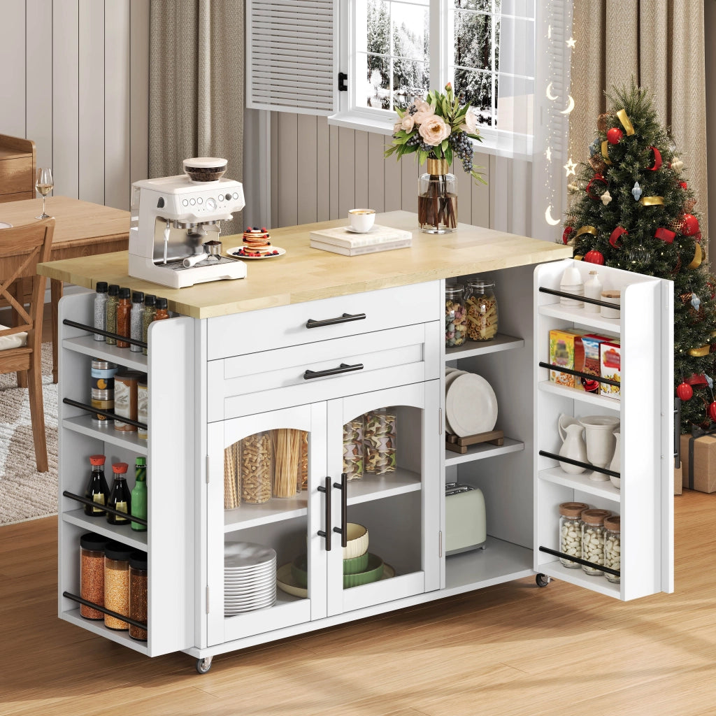 Carrello da Cucina con 2 Ante in Vetro; 2 Cassetti; Piano Ribaltabile e 5 Ruote; in MDF; 120 x 45(70) x 90 cm