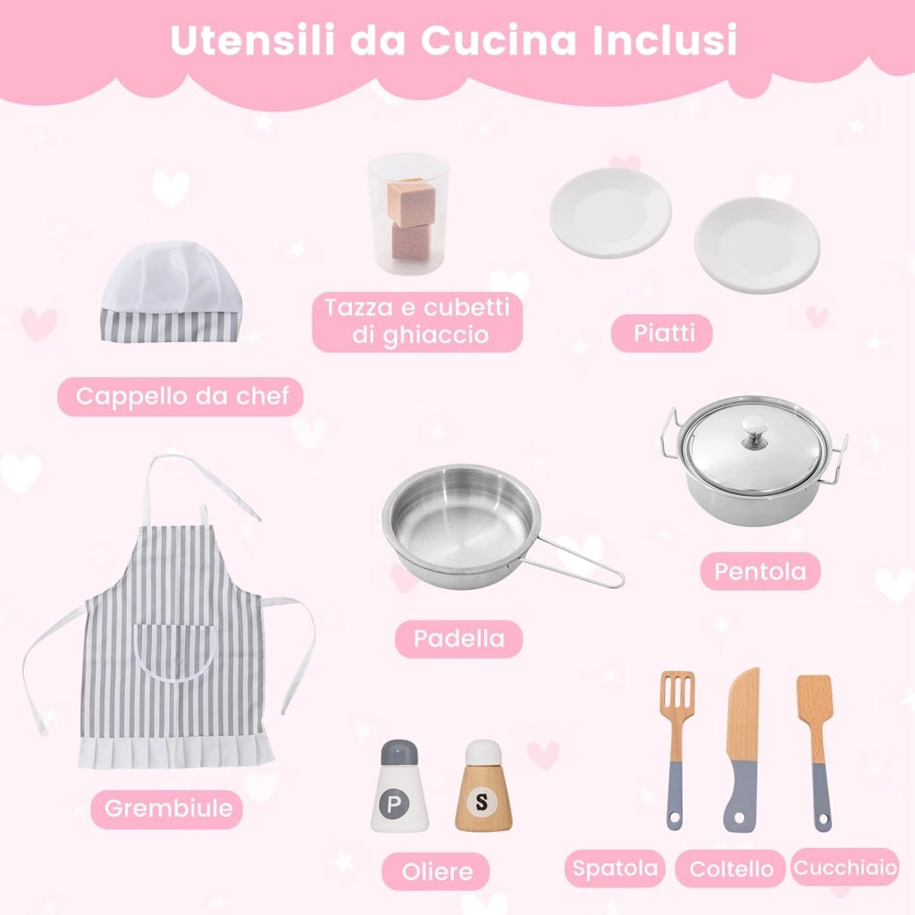 Set Gioco da Cucina per Bambini d'Angolo, Cucina Giocattolo in Legno con Macchina di Ghiaccio, Microonde, Lavatrice e Accessori, con Suoni e Luci, per Bambini 3-10 Anni (Rosa)