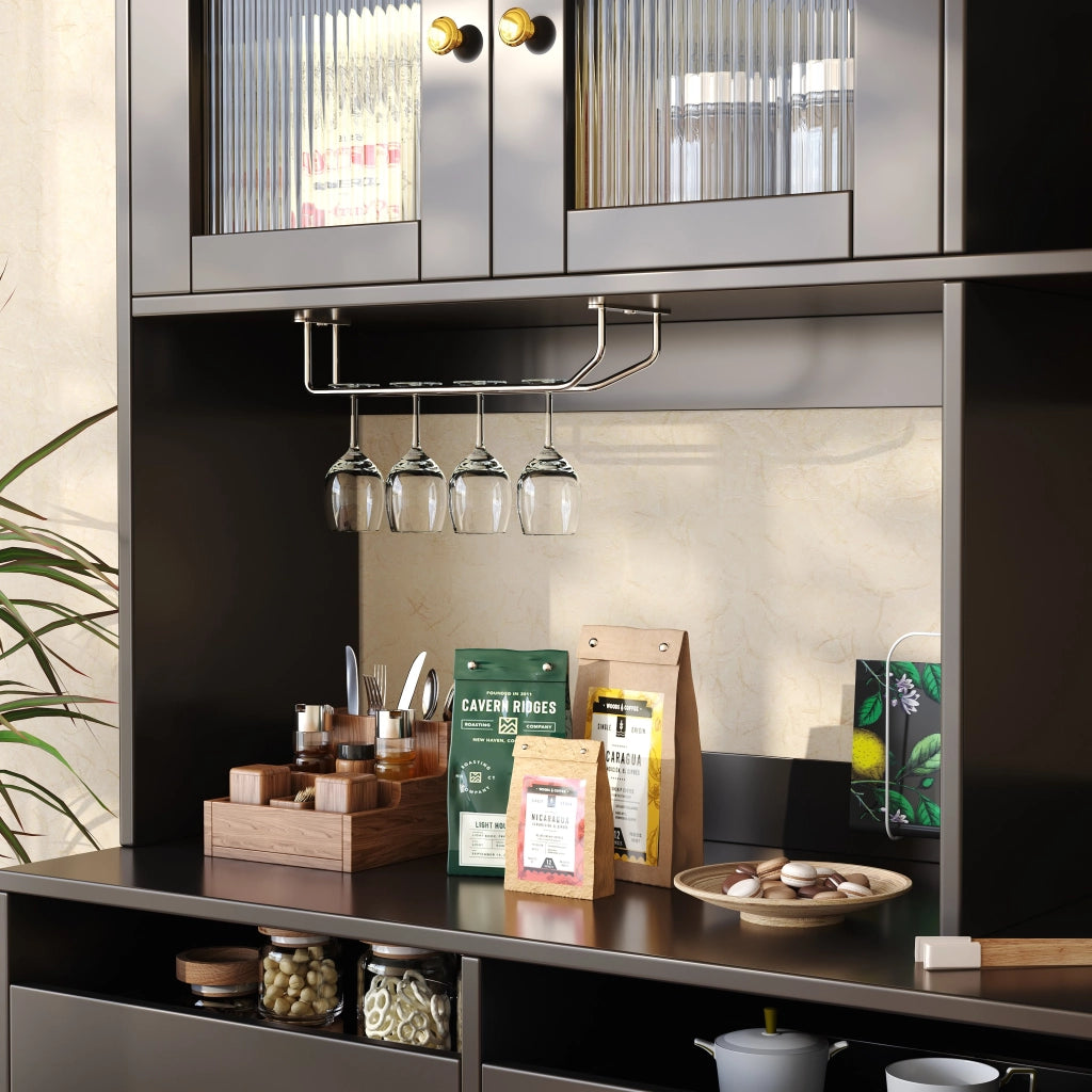 Credenza Alta da Cucina con Cassetti; Vani Aperti e Portabottiglie; Ante in Vetro Rigato; in MDF; 145 x 39 x 171 cm; Nero