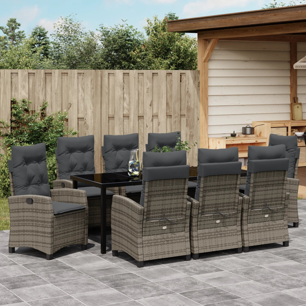 Set da pranzo da giardino da 9 pezzi con cuscini Grigio Polyrattan