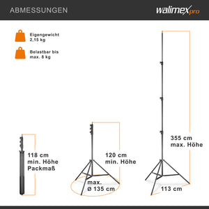 AIR 355 Stativo per luci regolabile in altezza fino a 355 cm, max 8 kg, Cavalletto fotografico in alluminio per foto e video