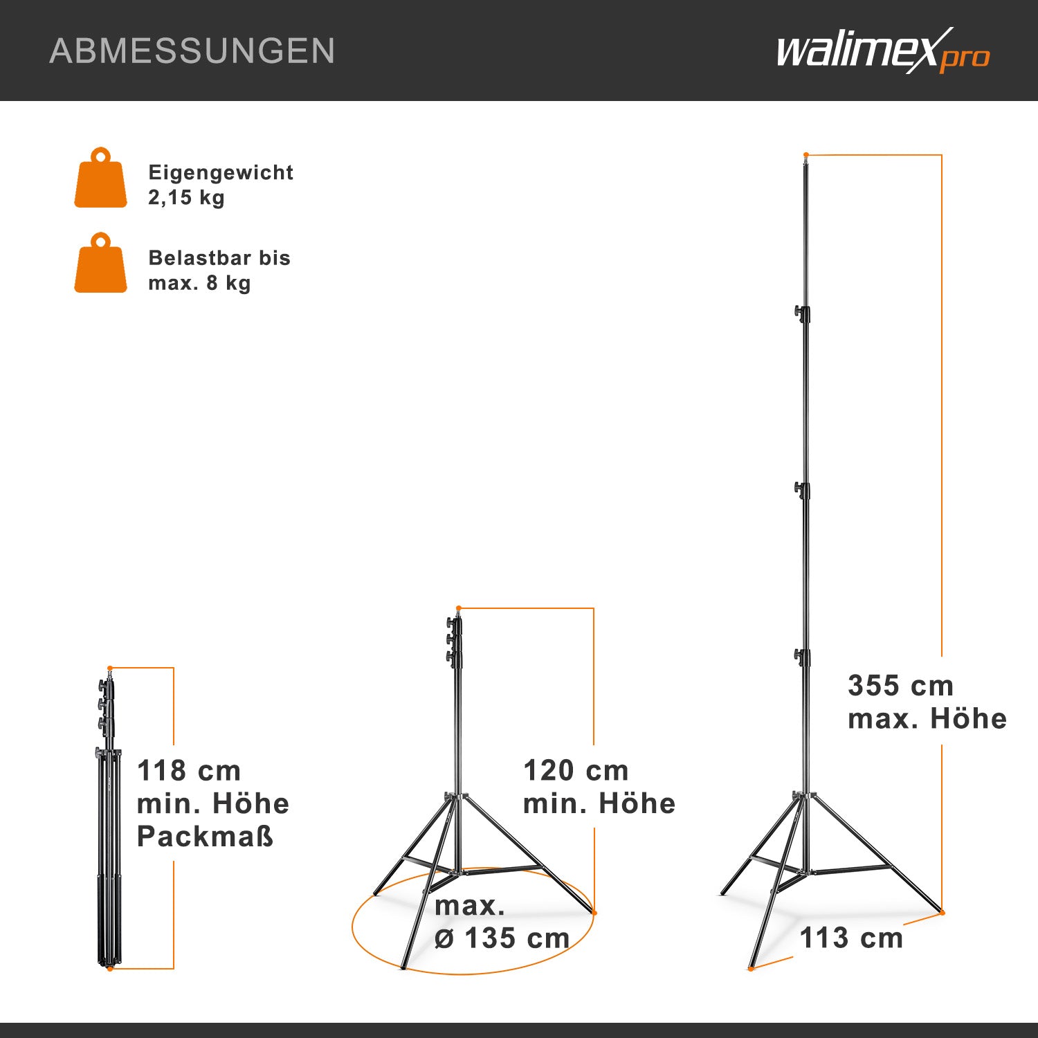 AIR 355 Stativo per luci regolabile in altezza fino a 355 cm, max 8 kg, Cavalletto fotografico in alluminio per foto e video