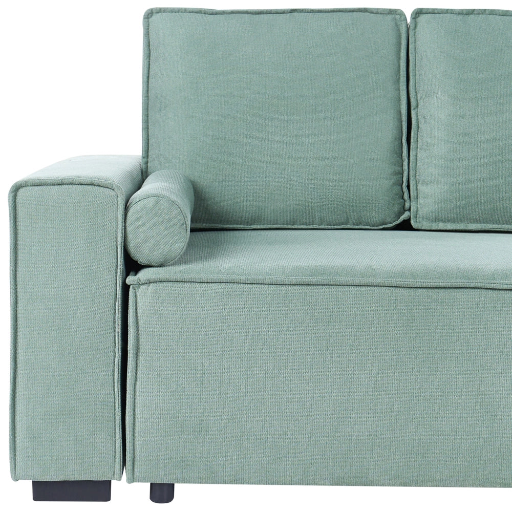 Divano letto angolare a 3 posti con rivestimento in tessuto verde chiaro, lato sinistro, con braccioli contenitore reversibili, stile moderno per soggiorno