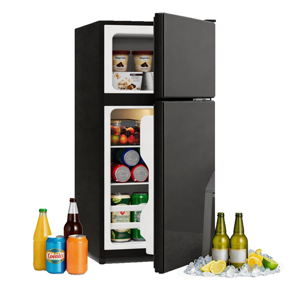 Frigorifero compatto 60 L con congelatore 22 L; porta in vetro e LED; nero