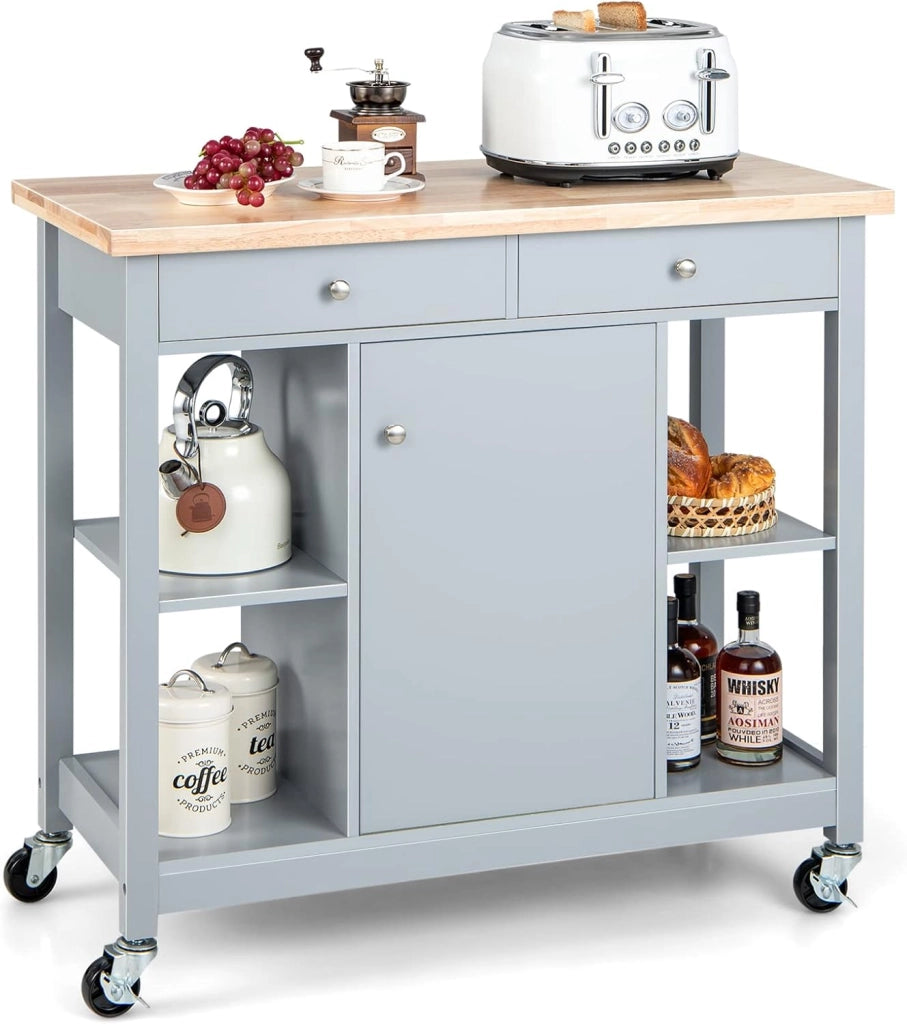 Carrello da cucina con ruote, isola da cucina con piano di lavoro, carrello da portata con ripiani regolabili, carrello da cucina, mobile da cucina con 2 cassetti e porta, trolley da cucina