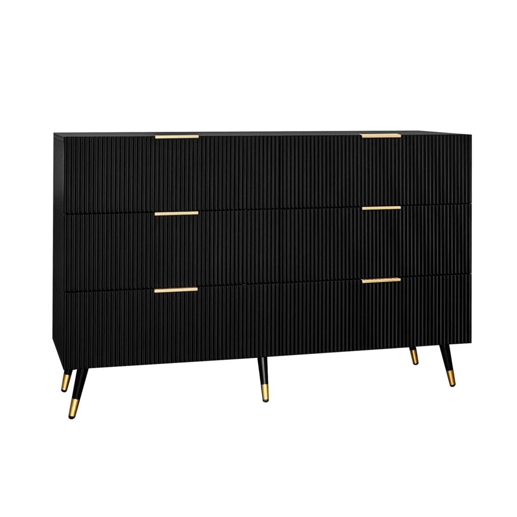 Credenza moderna con 6 cassetti in truciolare nero, gambe alte e dettagli dorati 120 × 40 × 77 cm