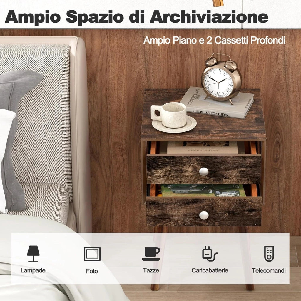 Comodino a 2 Cassetti da Letto, Tavolino in Legno con Portaoggetti, Comodino per Il Soggiorno Camera da Letto, 40 x 40 x 59,5 cm (marrone)