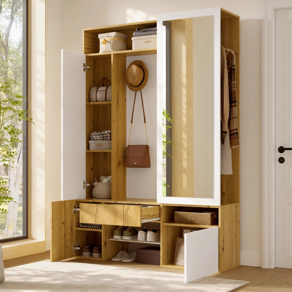 Guardaroba in MDF con specchio, scarpiera, mobile ingresso, appendiabiti con asta e ganci