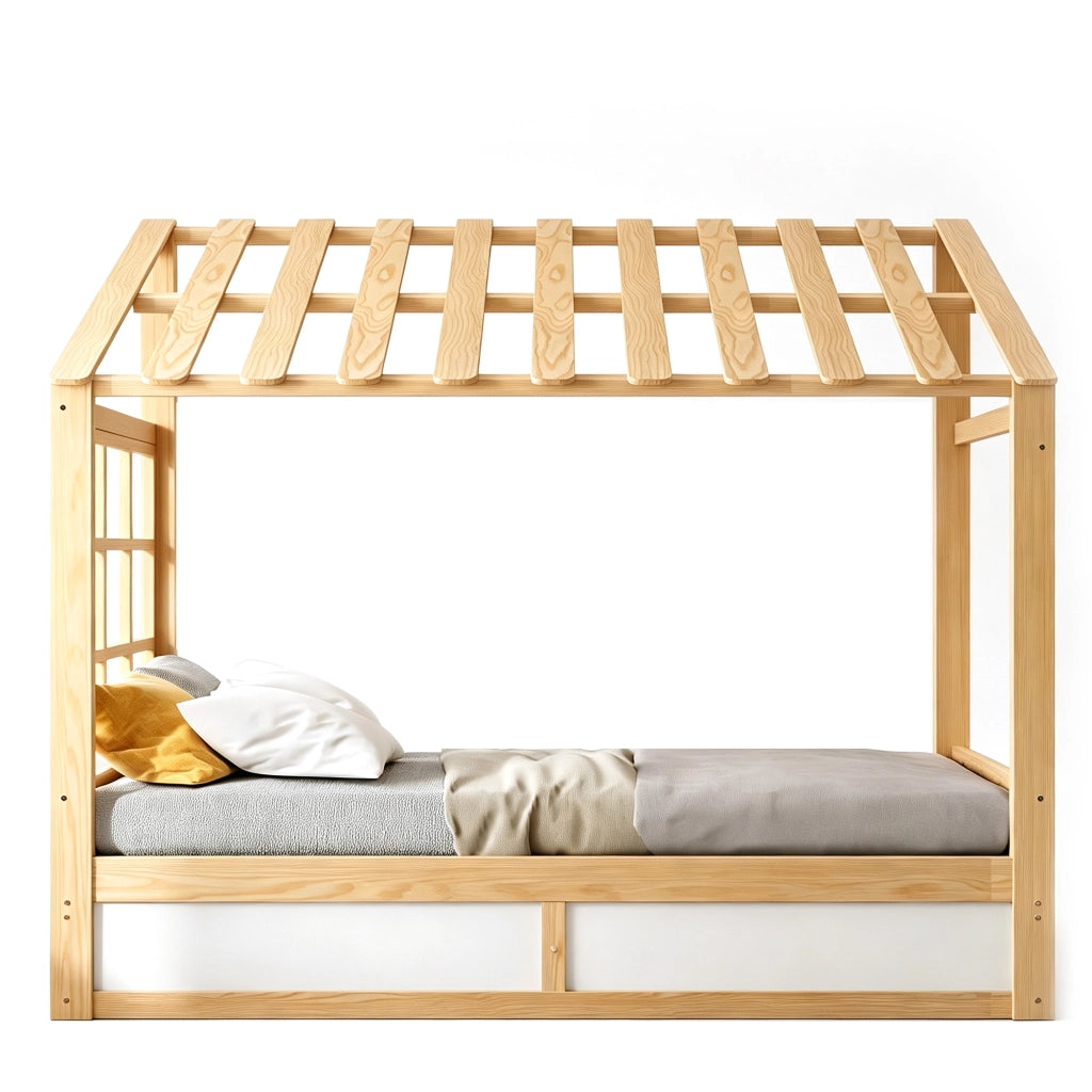 Letto casetta per bambini 90 x 200 cm con tetto, finestra e contenitore idraulico