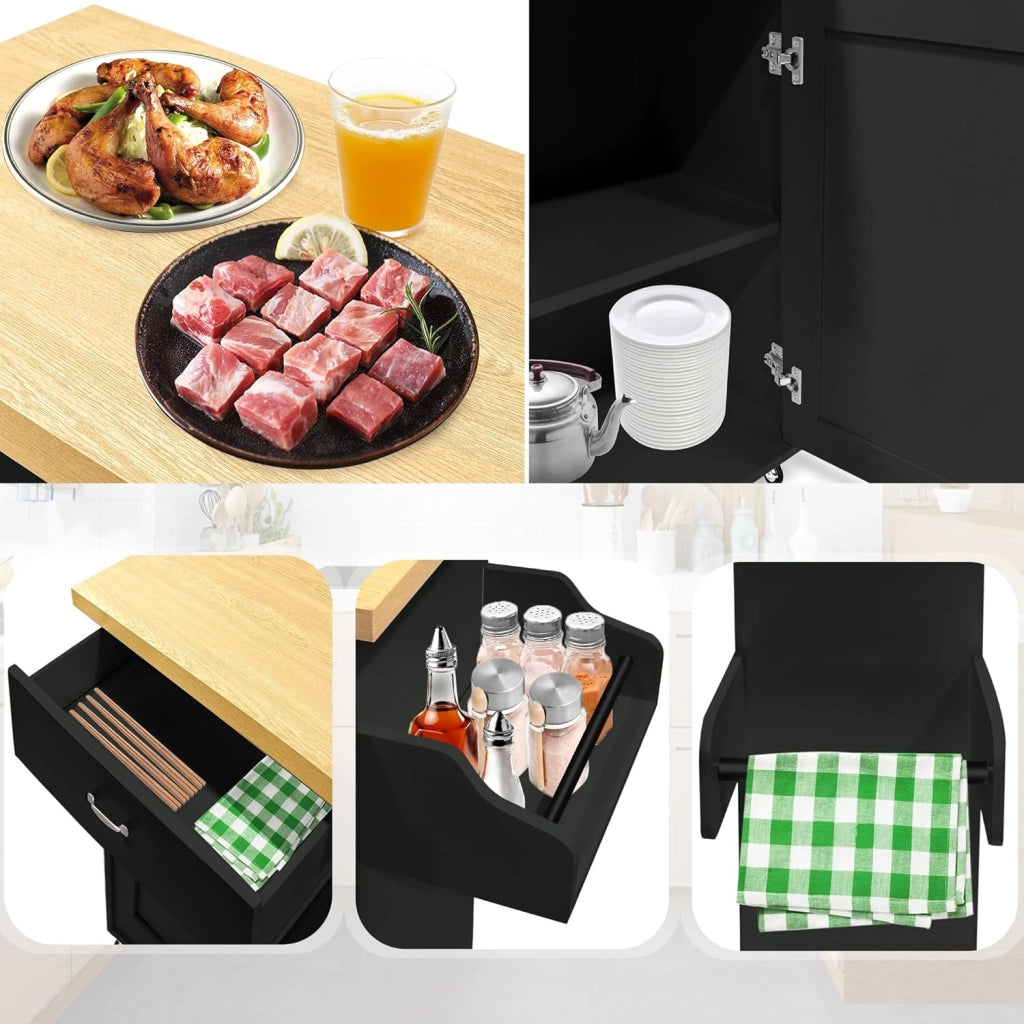 Carrello da cucina nero con ruote e piano di lavoro, carrello da cucina, isola in legno, con portasciugamani e portaspezie, mobile da cucina, carrello da cucina, 115 x 90 x 36 cm