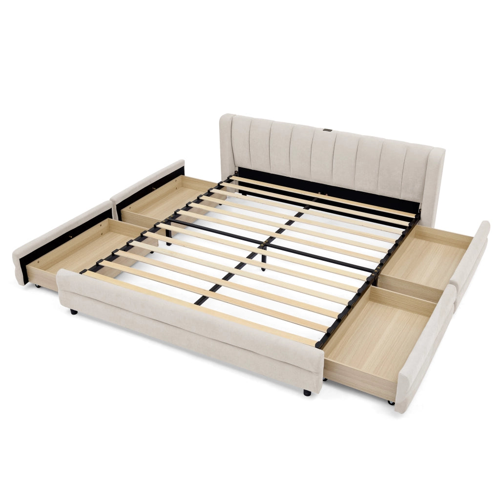 Letto con Cassetti 140x200 cm - 4 Cassetti; USB e Porta di Ricarica di Tipo C - Beige